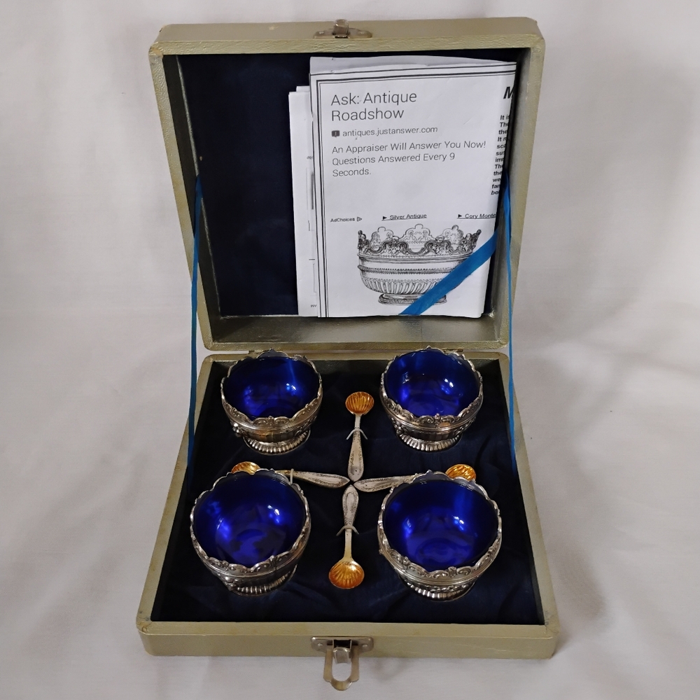 Vintage Silver Monteith Bowl Style Salt Cellar Set Spoons & Box Blue Glass Cups